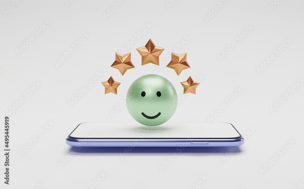 Poster Realistic smile face with five golden stars on smartphone for customer or client evaluate after use product and service by use telephone application. 3d render technique.