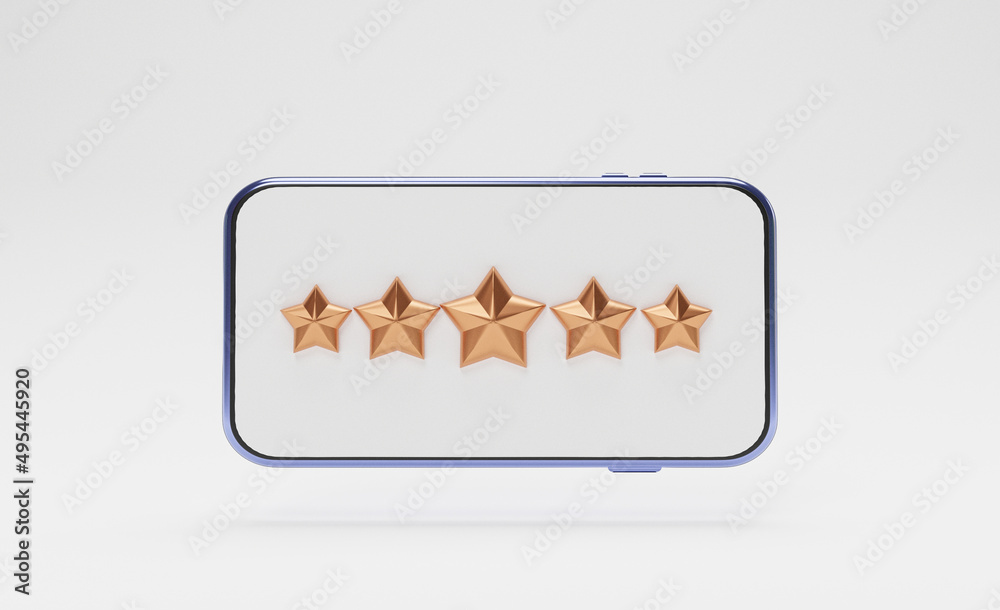 Aufkleber Isolate of golden five stars inside smartphone , Customer or client feedback system after use product and service by 3d render design for mobile phone application.