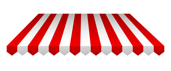 Commercial canopy awning for store. Tent with white and red stripes for market, shop with shadows on transparent background. Vector Design element.