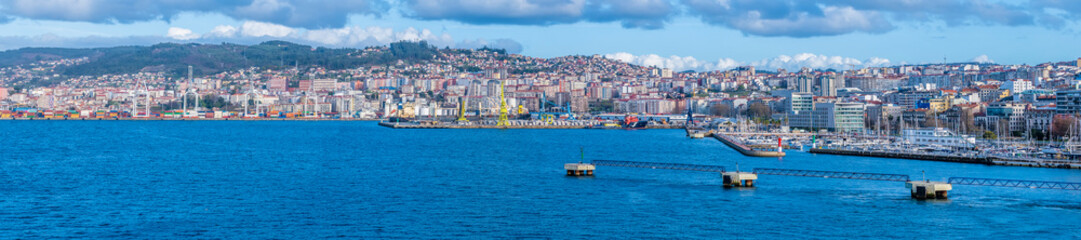 A panorama view towards the port and town of Vigo, Spain on a spring day