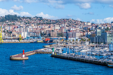 A view from the cruise terminal towards the port in Vigo, Spain on a spring day - obrazy, fototapety, plakaty