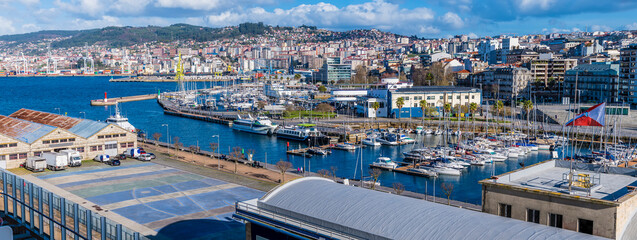 A panorama view from the cruise terminal over the marina in Vigo, Spain on a spring day