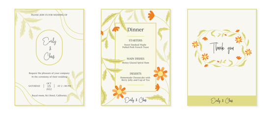 Set minimal wedding invitation card template design, botanical flowers and leaves vector, Floral poster, invite. Vector decorative greeting card, background eps10