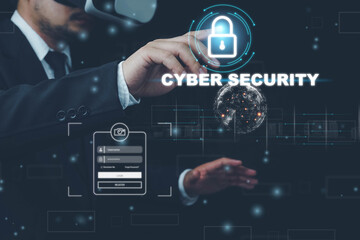 Cyber security, Businessman wearing a VR headset Cyber Security Interface.Data protection.Internet and technology concept on virtual screen.user typing login and password, cyber security concept.