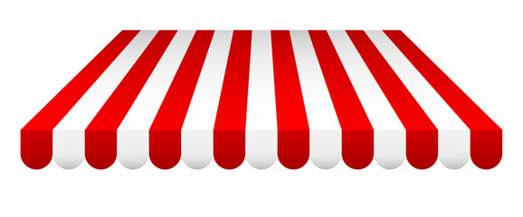 Fototapeta Commercial canopy awning for store. Tent with white and red stripes for market, shop with shadows on transparent background. Vector Design element. obraz
