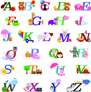 Cartoon alphabet with animals, flowers, cars, and objects, ABC