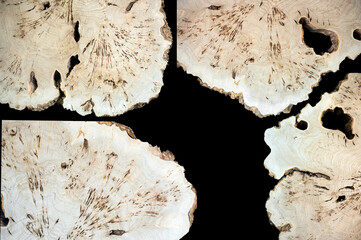 Pieces of wood isolated on black background. Texture of a polished cut of a tree close-up. Top...