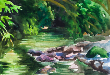 Hand drawn watercolour landscape with a river and stone bank against green forest. Plein-air painting. Drawing of wild nature. Travel sketch.