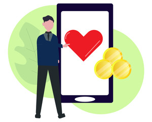 募金・寄付をする男性 支援 携帯とハートとお金 ベクターイラスト	
