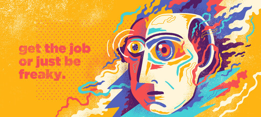 Abstract illustration in graffiti style with freaky face and colorful splashing shapes. Vector illustration.