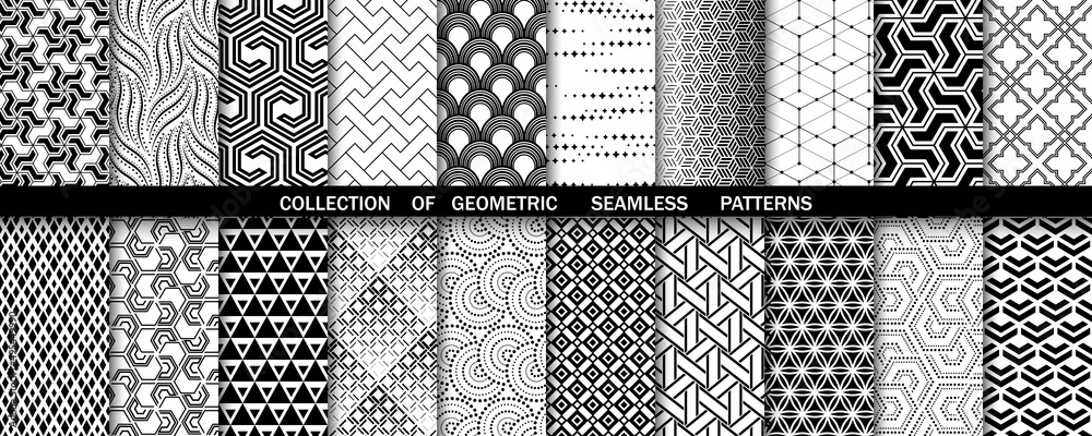 Wall mural geometric set of seamless black and white patterns. simple vector graphics