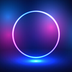 Circle neon shapes futuristic background. Cyberpunk geometric concept. Round electric banner. Vector illustration.