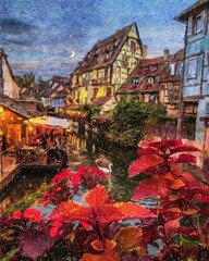 Impressionism painting modern artistic artwork, drawing oil Europe famous street, beautiful old vintage houses facade. Wall art design print template for canvas or paper poster, touristic production