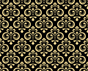 Wallpaper in the style of Baroque. Seamless vector background. Gold and black floral ornament. Graphic pattern for fabric, wallpaper, packaging. Ornate Damask flower ornament
