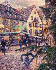 Fototapeta na wymiar Impressionism painting modern artistic artwork, drawing oil Europe famous street, beautiful old vintage houses facade. Wall art design print template for canvas or paper poster, touristic production