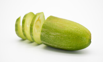 close-up , horizontally slice pointed gourds design on white background