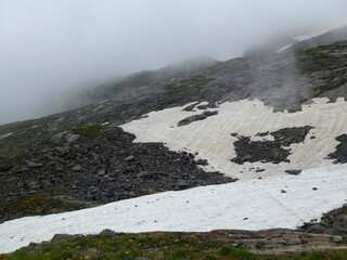 Snow field at Berlin high path, Zillertal Alps in Tyrol, Austria