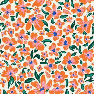 Flowers with leaves seamless repeat pattern. Random placed, hand drawn, vector millefleur plants all over print on white background.