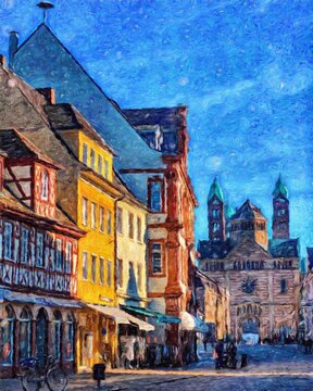 Impressionism painting modern artistic artwork, drawing oil Europe famous street, beautiful old vintage houses facade. Wall art design print template for canvas or paper poster, touristic production