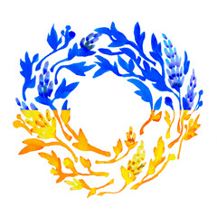 The wreath is made of watercolor flowers, with their own hands, golden and blue flowers.