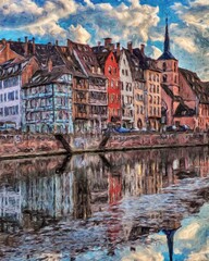 Fototapeta premium Impressionism painting modern artistic artwork, drawing oil Europe famous street, beautiful old vintage houses facade. Wall art design print template for canvas or paper poster, touristic production