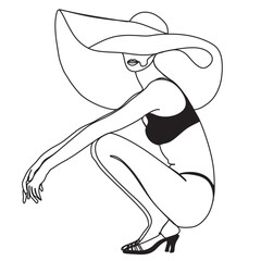 Woman in a hat line art. Modern continuous line art. Woman sitting at the beach with bikini. Linear art of a girl in a bathing suit. Vector illustration