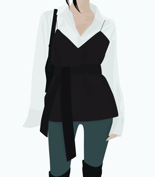 A young and attractive girl in a white blouse, a short T-shirt with a belt and pants. Vector flat image of a young lady. Design for postcards, avatars, posters, backgrounds, templates, textiles, banne