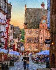 Fototapeta premium Impressionism painting modern artistic artwork, drawing oil Europe famous street, beautiful old vintage houses facade. Wall art design print template for canvas or paper poster, touristic production