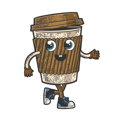 Cartoon coffee cup walking color sketch engraving raster illustration. T-shirt apparel print design. Scratch board imitation. Black and white hand drawn image.