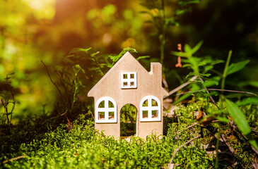 the symbol of the house stands on green moss
