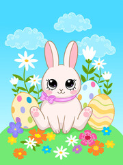 Cartoon bunny sitting on meadow with flowers. Easter themed vector illustration 