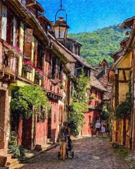 Impressionism painting modern artistic artwork, drawing oil Europe famous street, beautiful old vintage houses facade. Wall art design print template for canvas or paper poster, touristic production