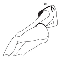 Woman sitting at the beach with bikini. Linear art of a girl in a bathing suit. Vector illustration