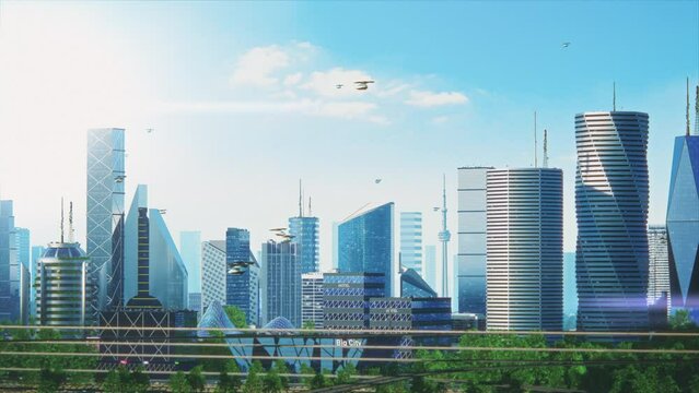 Futuristic City Concept. Wide Shot of an Animated Modern Urban Megapolis with Creative Skyscrapers with Banks, Offices, Hotels, Autonomous Flying Machines and Perfect Clear Blue Sky on Sunny Day.