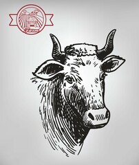 Isolated cow head on white background, animal husbandry, handmade sketch.