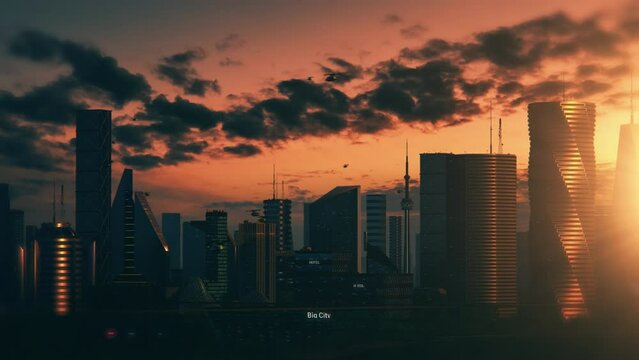 Futuristic City Concept. Wide Shot of an Animated Modern Urban Megapolis with Creative Skyscrapers with Banks, Offices, Hotels, Autonomous Flying Machines and Perfect Cloudy Sky and Sunset.