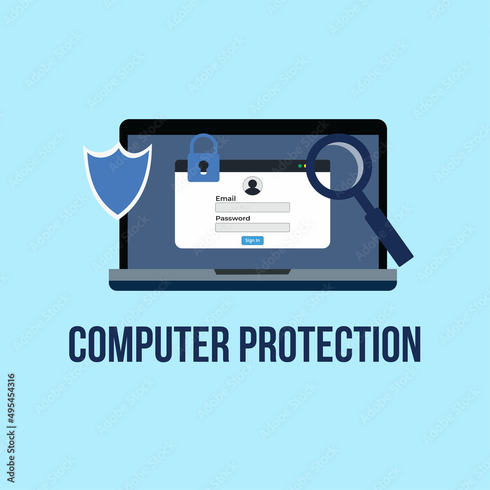 Poster computer protection and security concept vector. laptop virus scan and information security illustra