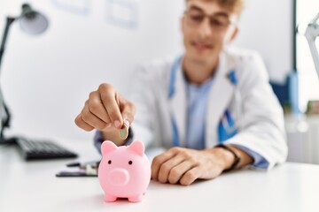 Young caucasian man wearing doctor uniform insert coin on piggybank at clinic