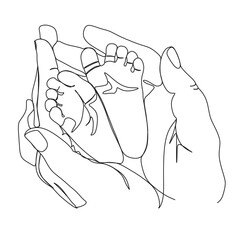 Linear sketch of children's legs in the hands of the father. Happy family parenting concept. Hand drawn vector illustration.