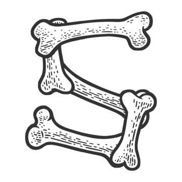 letter S made of bones sketch engraving raster illustration. Bones font. T-shirt apparel print design. Scratch board imitation. Black and white hand drawn image.