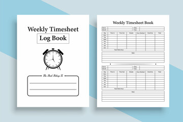 Weekly timesheet KDP interior notebook. Office employee incoming and outgoing time tracker journal template. KDP interior log book. Weekly office time management and work time tracker notebook.