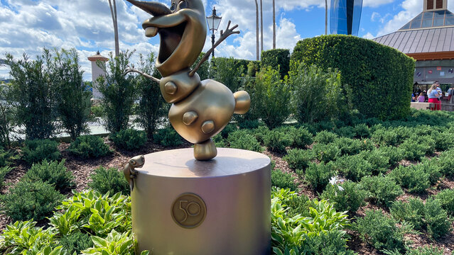 The 50th Anniversary statue of Olaf from the movie Frozen at EPCOT