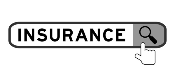 Search banner in word insurance with hand over magnifier icon on white background