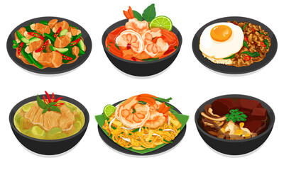 Thai street food restaurant menu illustration vector. 
(Stir fried crispy pork with kale, Pad Kana Moo Krob, Tom Yum Kung, Tom Yum Goong, Pad Kra Pao, Kra Pow Kai, Keang Keaw Wan Kai, Pad Thai, Thai B - obrazy, fototapety, plakaty