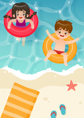 Obraz na płótnie Canvas Happy kids swimming in the summer sea with inflatable ring. Cartoon boy and girl on the beach. Floating children on the sea coast.