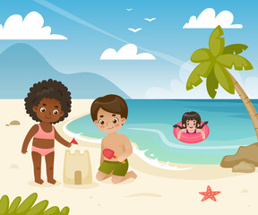 Obraz na płótnie Canvas Adorable children playing on the tropical beach. Cartoon kids on the sea coast. Cute toddlers rest on sea shore.