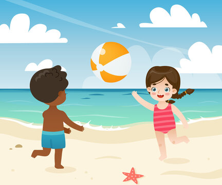Cartoon children playing with inflatable ball on the beach. Cute kids throwing beech ball on the sea coast.