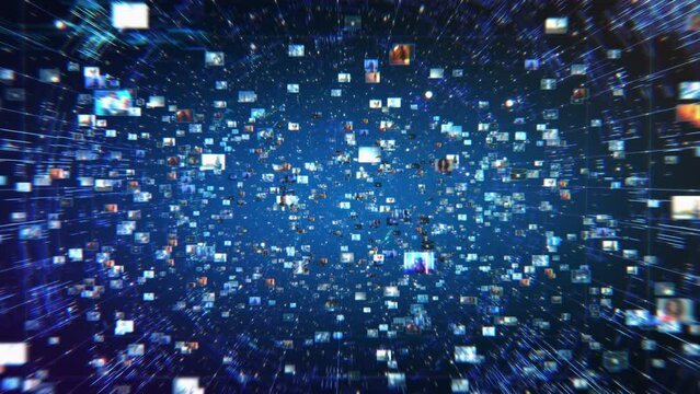 VFX Animated Background with Virtual Social Media Reality Interconnected by Internet Into Worldwide Web. Internet of Things Concept with Videos, Avatars, Profiles Creating an Online Big Data Cloud.