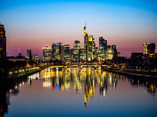 Fototapeta na wymiar Skyline at sunset, Deutschherrenbrücke, Frankfurt, Hesse, Germany