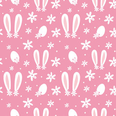 Pastel pink bunny ears, egs and daisy vector seamless pattern. Easter cute background. Hand drawn illustration